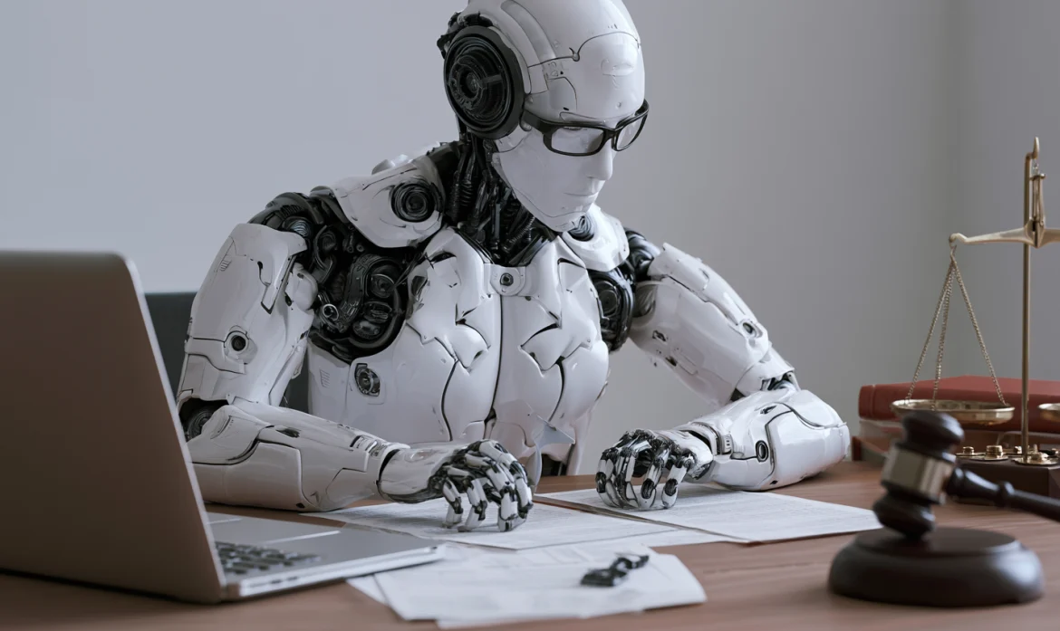 A robot working at a desk, with a gavel and scales in the background.
