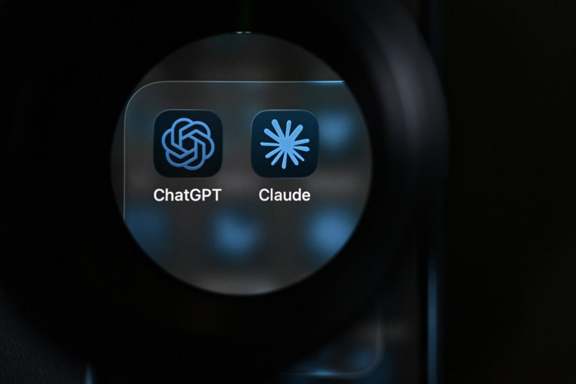 This photograph shows the app logos of artificial intelligence (AI) assistants ChatGPT and Claude on a smartphone's screen.